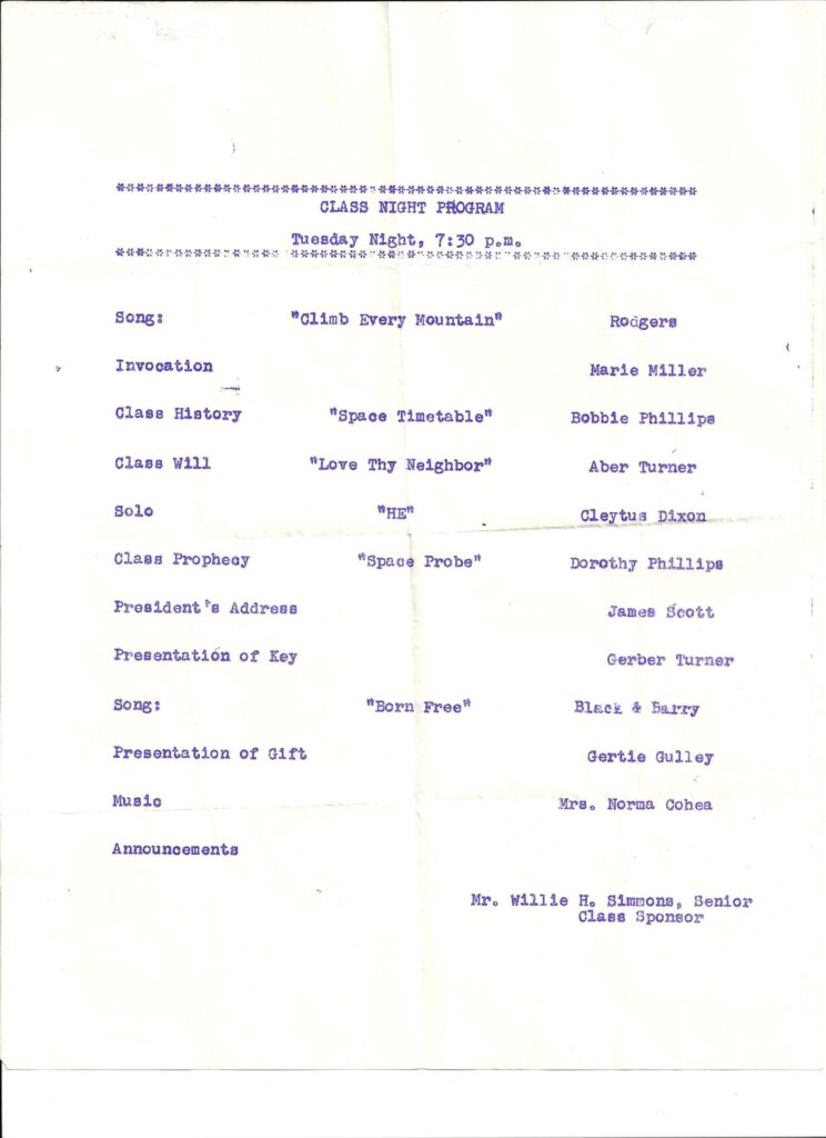 First page of a typed Class Night program listing songs, the class history, class will and class prophecy, with student names beside each item.