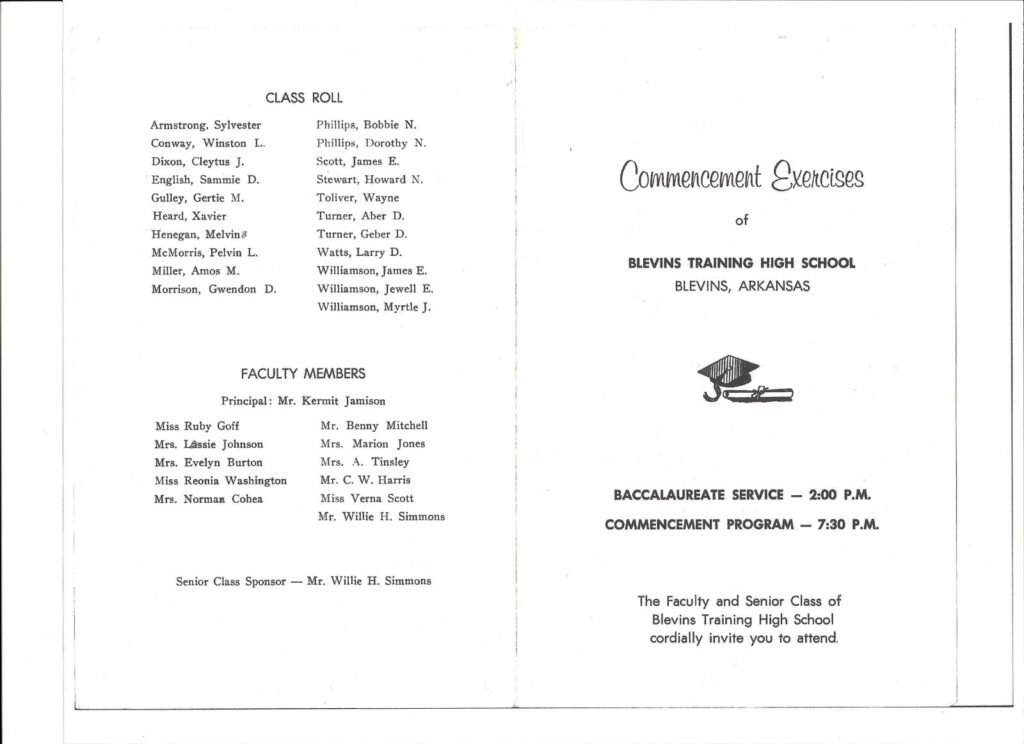 Page 1 of the 1968 Blevins Training High School commencement program.