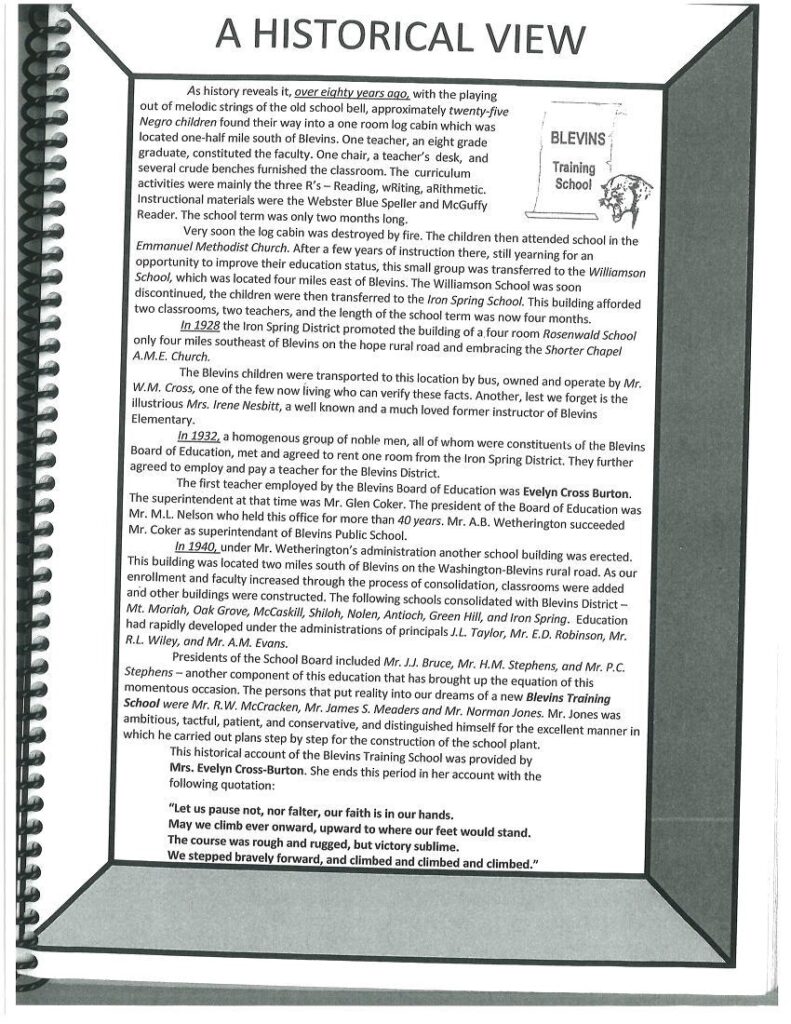 Scanned typed page titled A Historical View, recounting the history of Blevins Training School, with the BTS emblem in the corner.